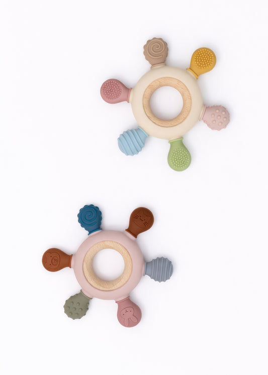 Multi-Texture Silicone & Wooden Teething Ring